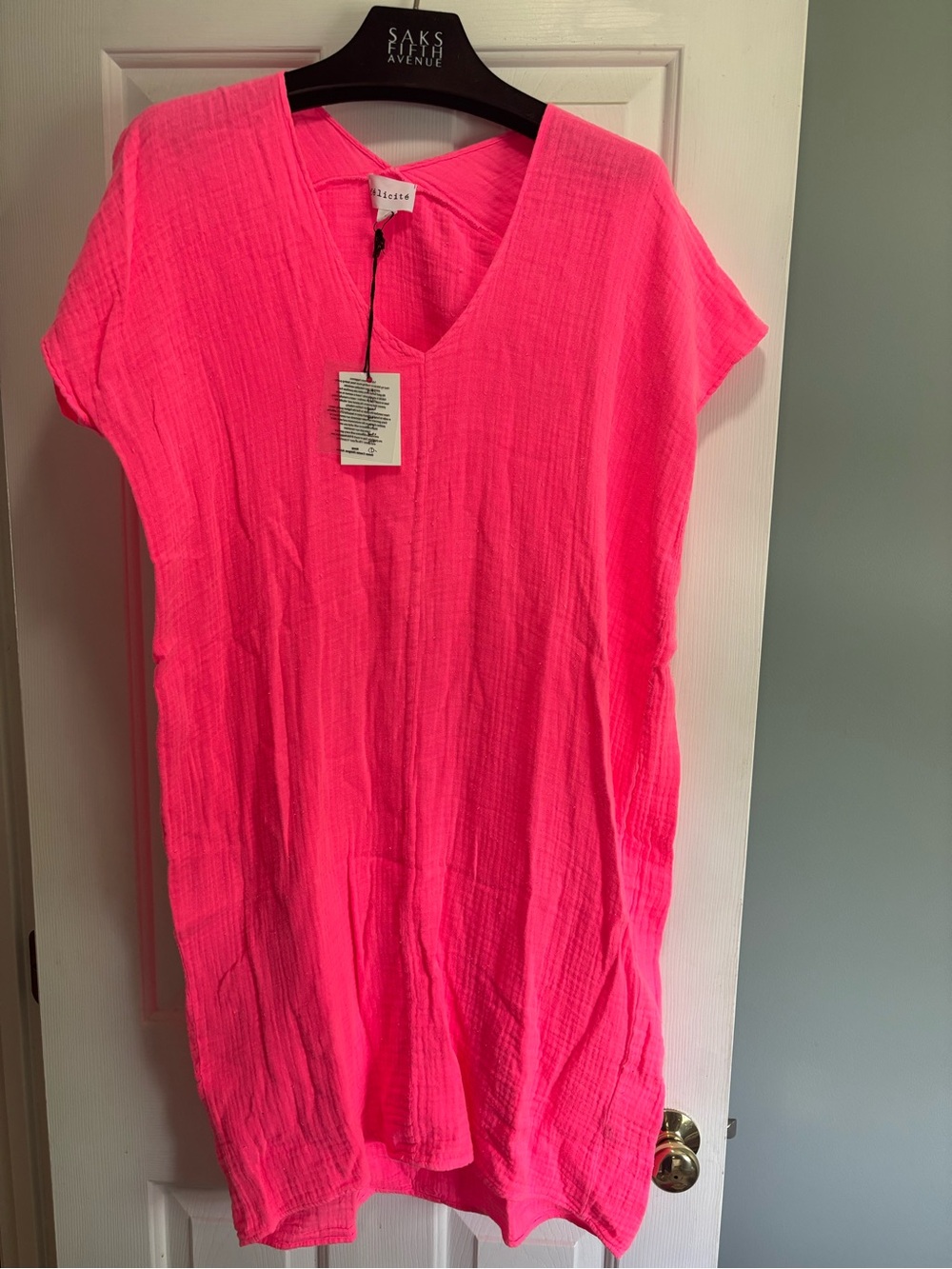 💝NWT ‘FELICITE’’ PRETTY HOT PINK COTTON V~NECK DRESS/COVER-UP SIZE XS-S